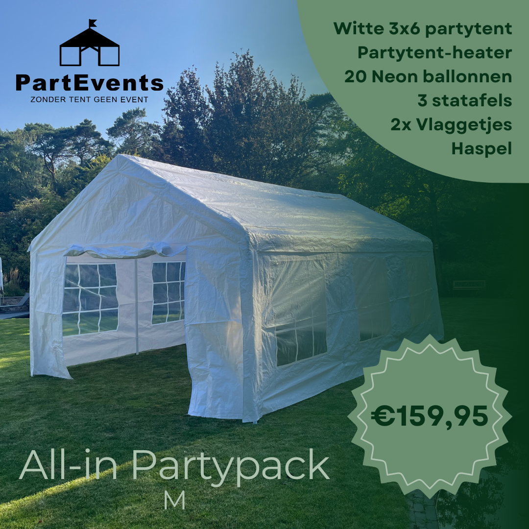 Goedkoop alles voor een feest huren? Bij Partevents huur je alles voor een gezellig feest! inclusief een 3x6 partytent